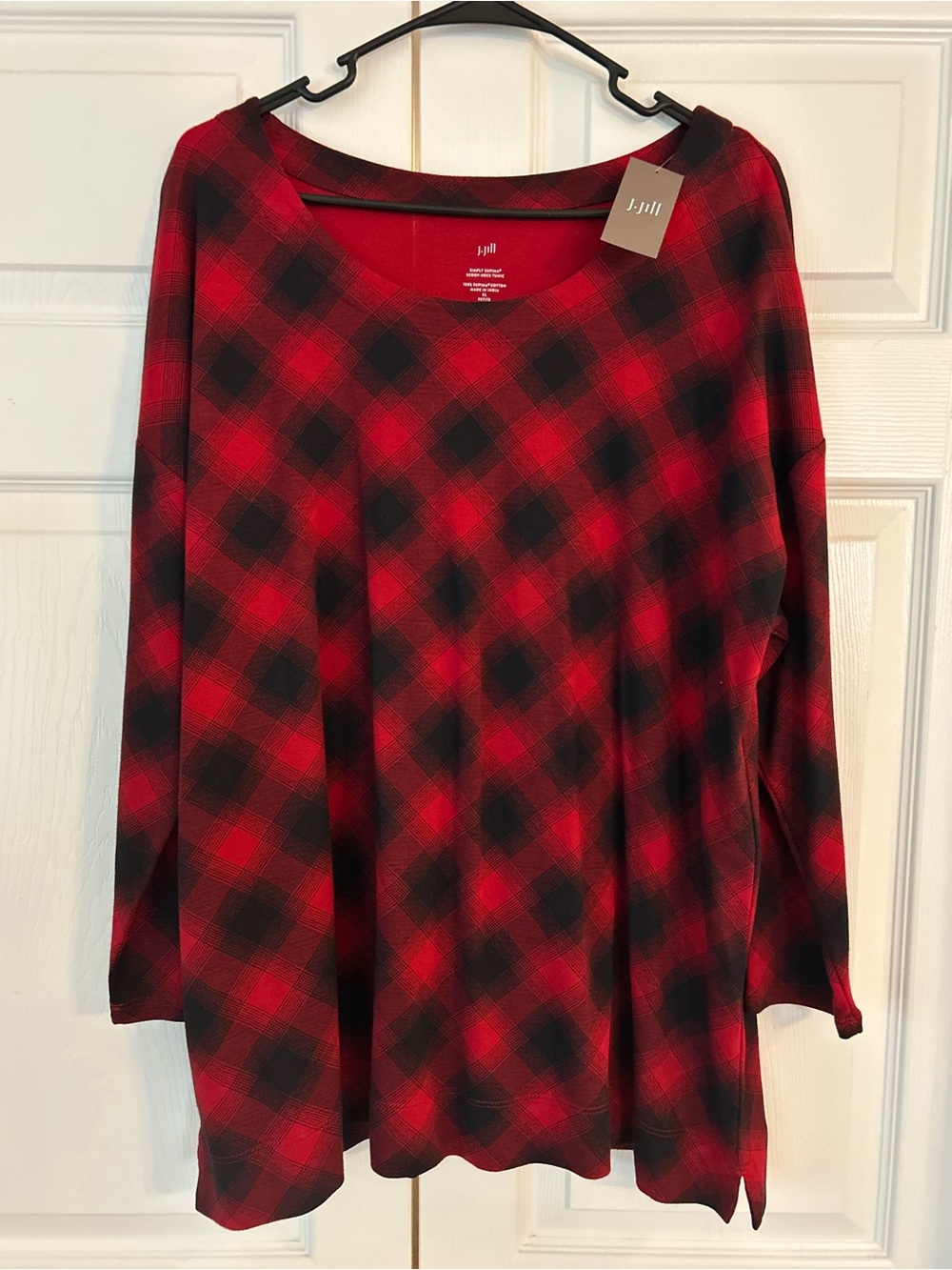 NWT J.Jill Women’s Red Check Print Supima Scoop Neck Tunic Blouse Shirt Size PXL